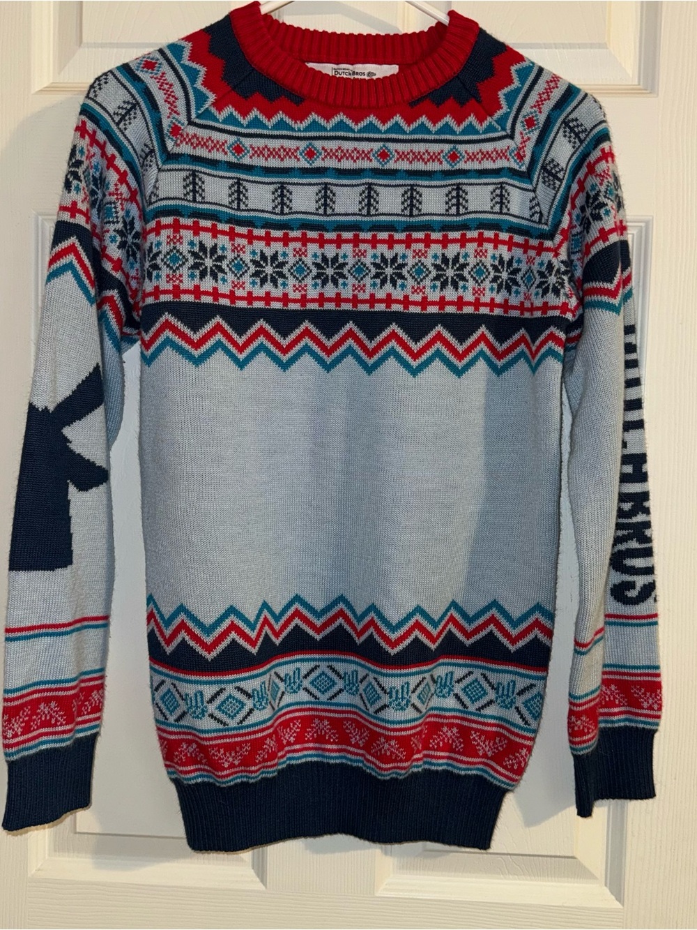 Dutch Bros Light Blue, Red & Navy Fair Isle Crewneck Sweater